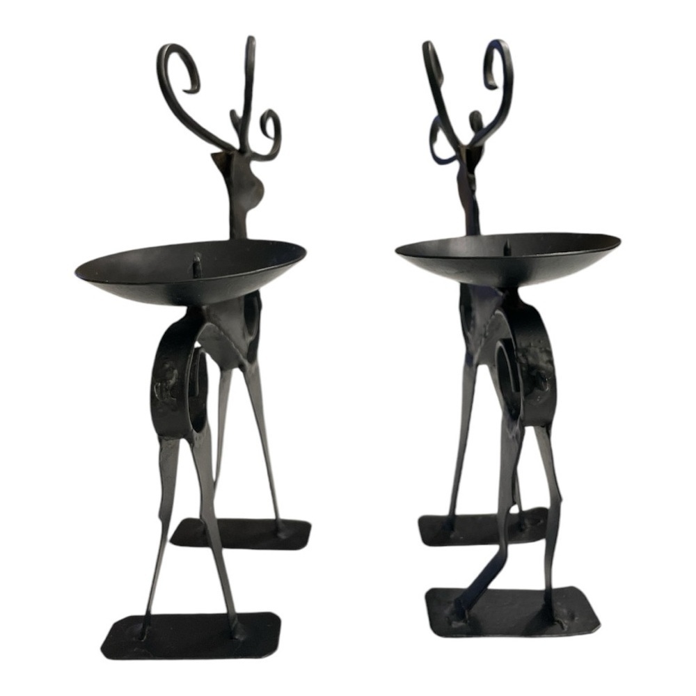 Vintage Black Metal Reindeer Candle Holders Pair Scroll Antlers Holiday Decor - Picture 3 of 9
